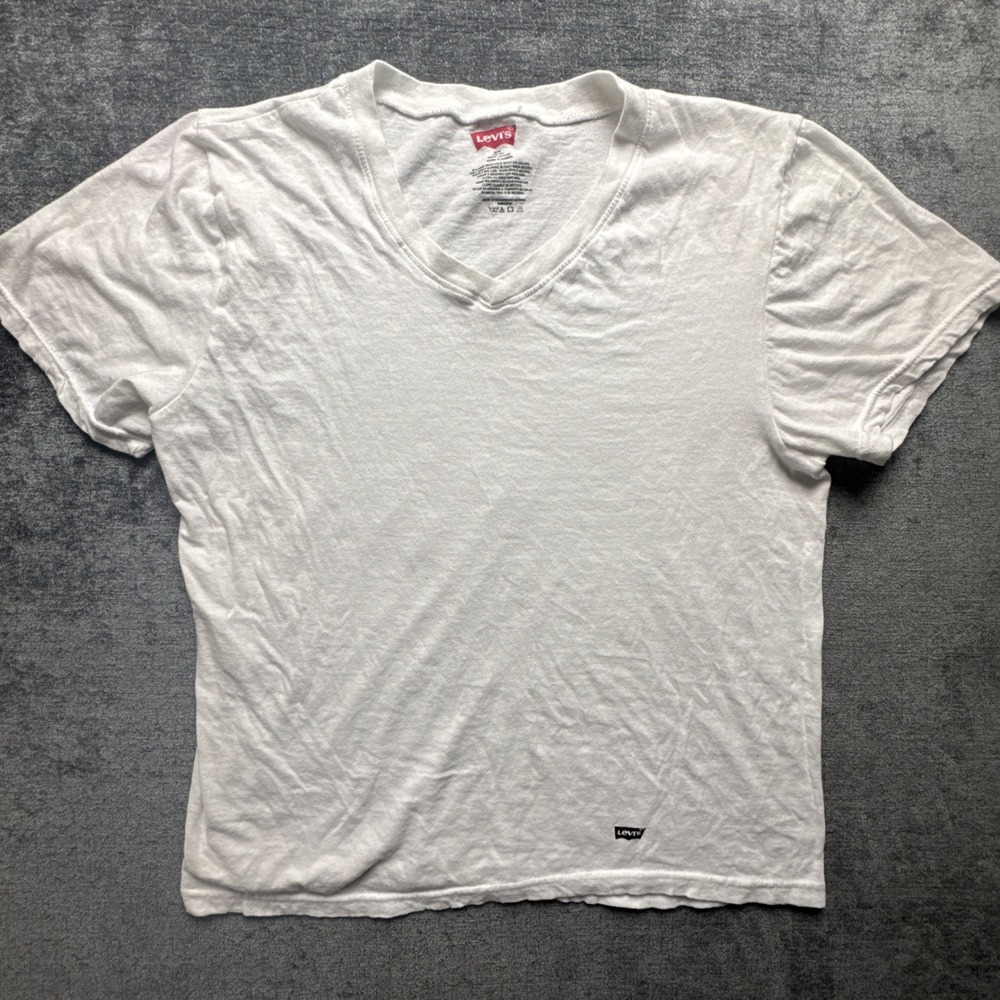 Levi's T-Shirt‎ Mens Medium White Knit Cotton Batwing Logo Slim Casual V-Neck